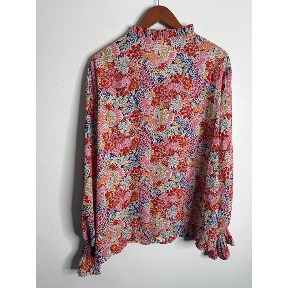 Floral Tie Neck Boho Blouse Ruffle Smocked Sleeve Peasant 2XL Artsy Romantic - Picture 3 of 9